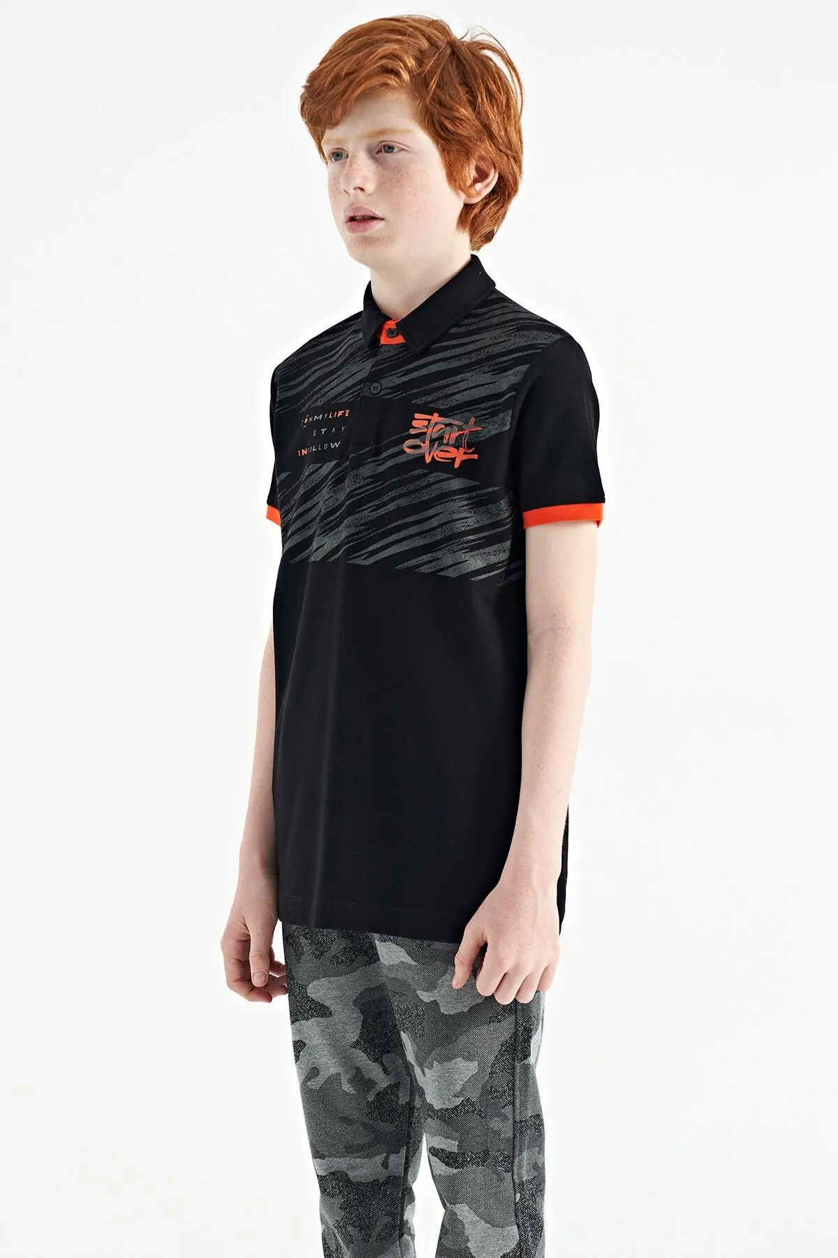 baski detayli pola yaka standart kalip erkek çocuk t-shirt - 11161