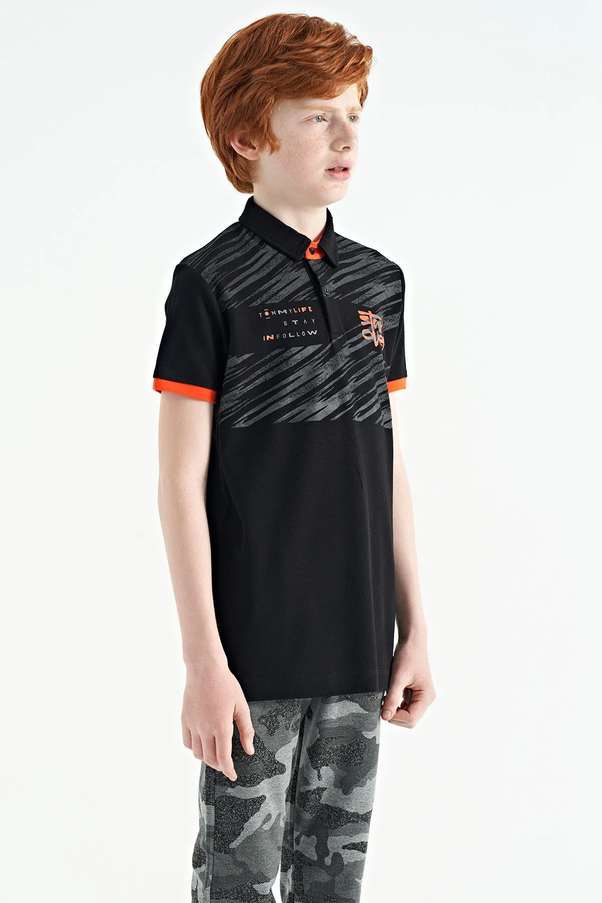 baski detayli pola yaka standart kalip erkek çocuk t-shirt - 11161