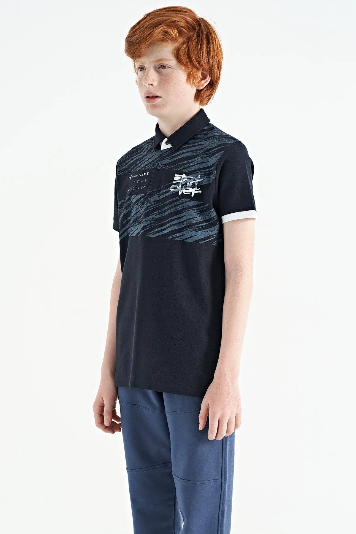 baski detayli pola yaka standart kalip erkek çocuk t-shirt - 11161