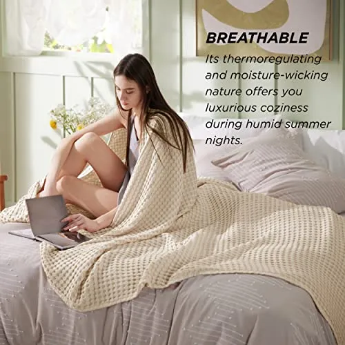 Bedsure Cooling Cotton Waffle Queen Size Blanket - Lightweight Breathable Summer Blanket of Rayon Derived from Bamboo for Hot Sleepers, Luxury Throws for Bed, Couch and Sofa, Ivory, 90x90 Inches
