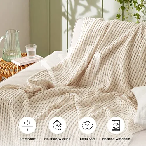 Bedsure Cooling Cotton Waffle Queen Size Blanket - Lightweight Breathable Summer Blanket of Rayon Derived from Bamboo for Hot Sleepers, Luxury Throws for Bed, Couch and Sofa, Ivory, 90x90 Inches