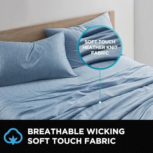 Brookstone Heathered Knit Moisture Wicking Twin Sheet Set | Innovative Breathable Fabric for All-Night Use by Hot Sleepers | 3 Piece Set of Soft Bed Sheet, Fitted Sheet, & Pillowcase | Faded Denim