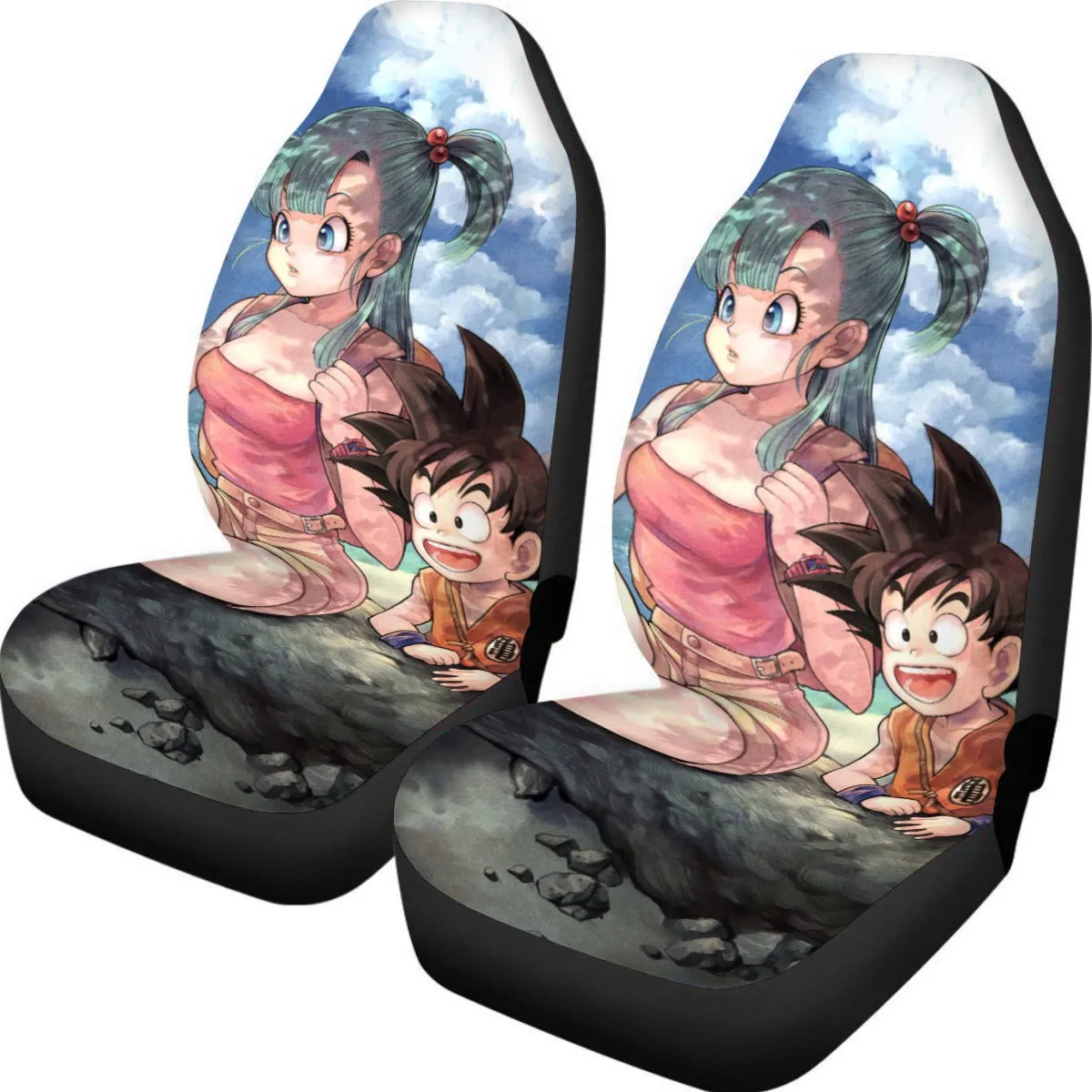 Bulma Sitting on a Tree and Kid Goku at the Beach Blue Graphic DBZ Car Seat Cover