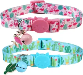Cactus Cat Collar with Bell and Matching Charm, 2 Pack Breakaway Flamingo Kitten Collar