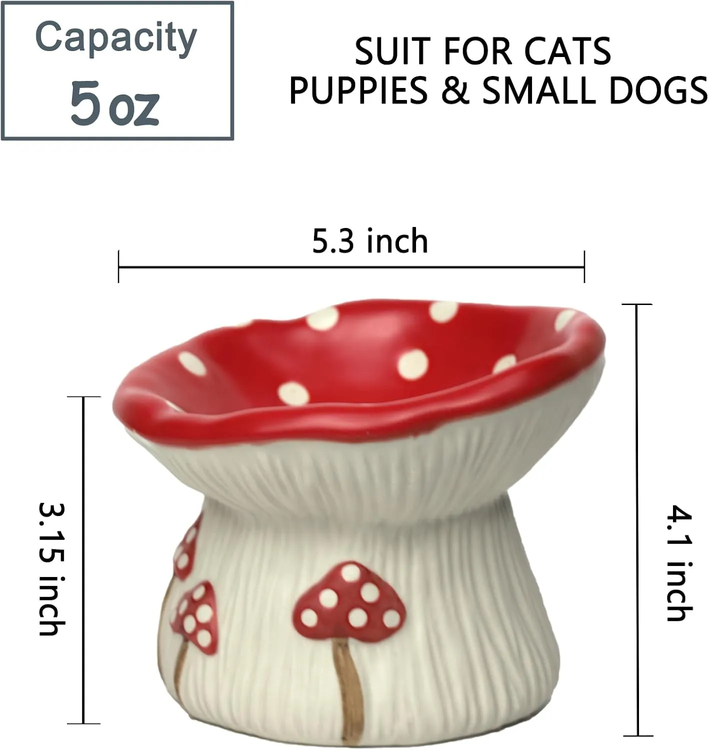 Ceramic Cat Bowl, Cute Red Mushroom Elevated Cat Food Dish, Shallow Raised Feeder, Anti Vomiting, Stress Free, Whisker Fatigue
