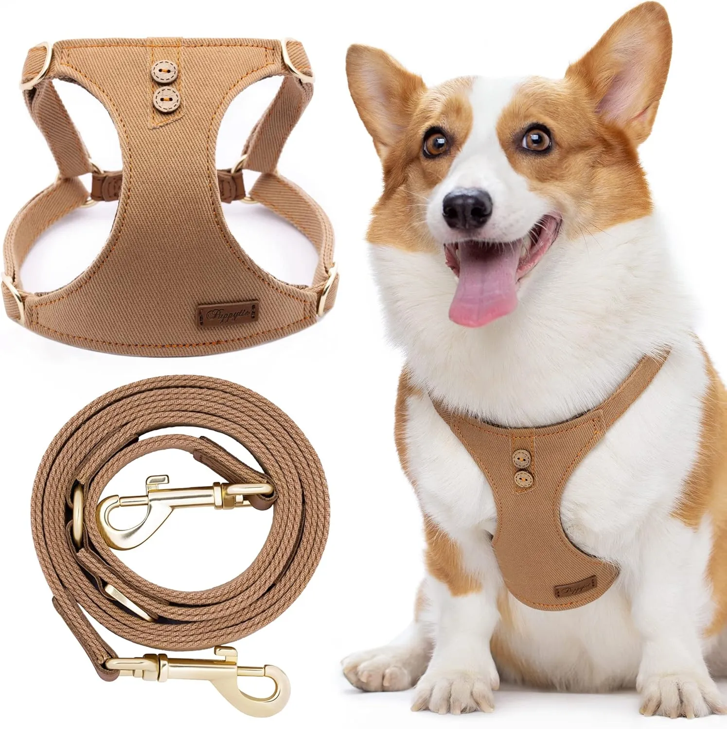 Dog Harness, No Pull Dogs Harness and Multi-Function Leash Set for Medium Dogs Easy Walk Everyday Adjustable Soft Dog Vest Harness Fashionable Dog Accessories Denim Khaki-Button-M(16lb-35lb)