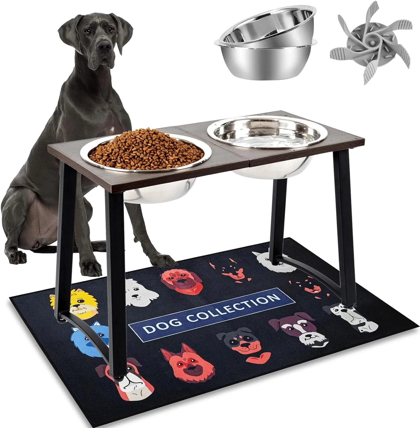Elevated Dog Bowls for Large & X-Large Dogs, 16" Tall Raised Stand with 2 Stainless Steel 3000ML Bowls, Slow Feeder & Spill-Proof Mat  Extra Large Dog Food & Water Bowl Set