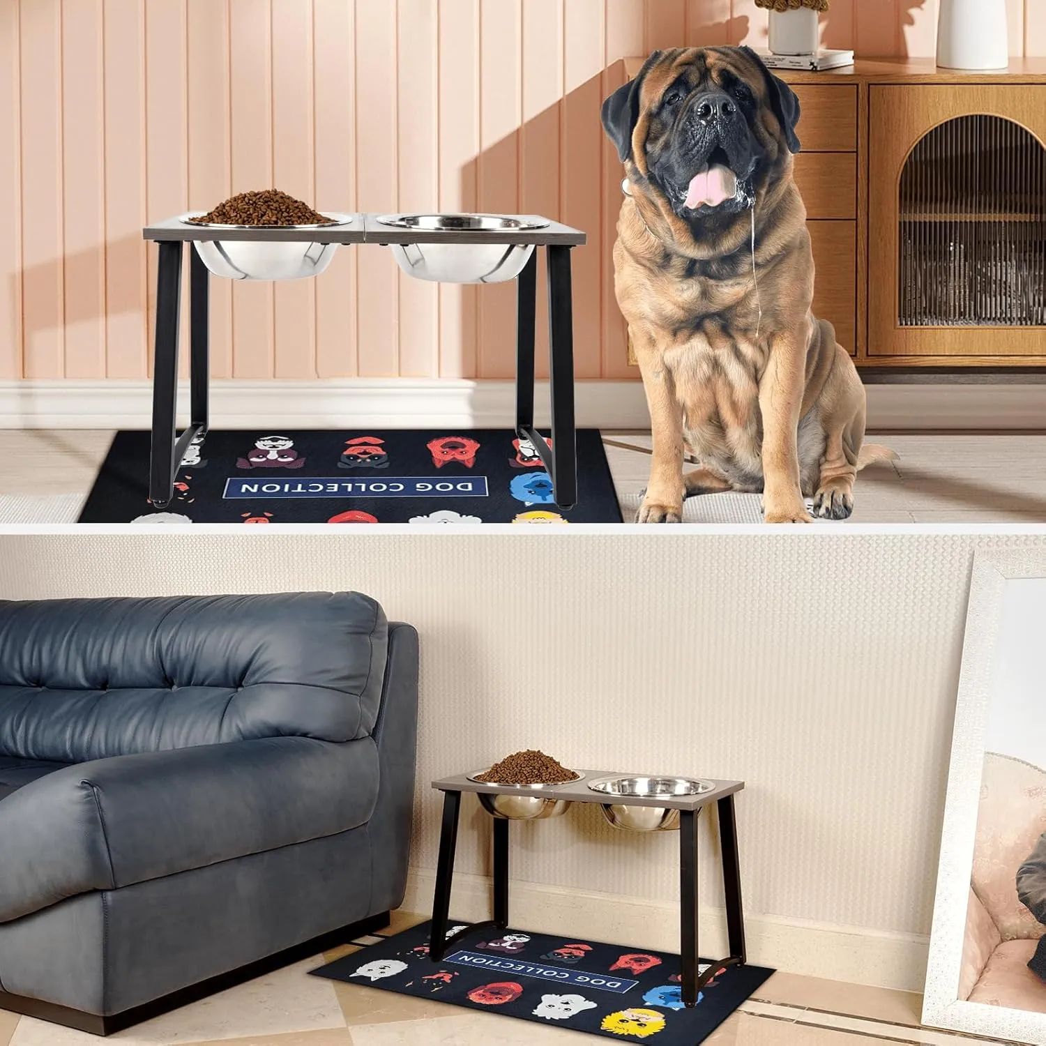 Elevated Dog Bowls for Large & X-Large Dogs, 16" Tall Raised Stand with 2 Stainless Steel 3000ML Bowls, Slow Feeder & Spill-Proof Mat  Extra Large Dog Food & Water Bowl Set