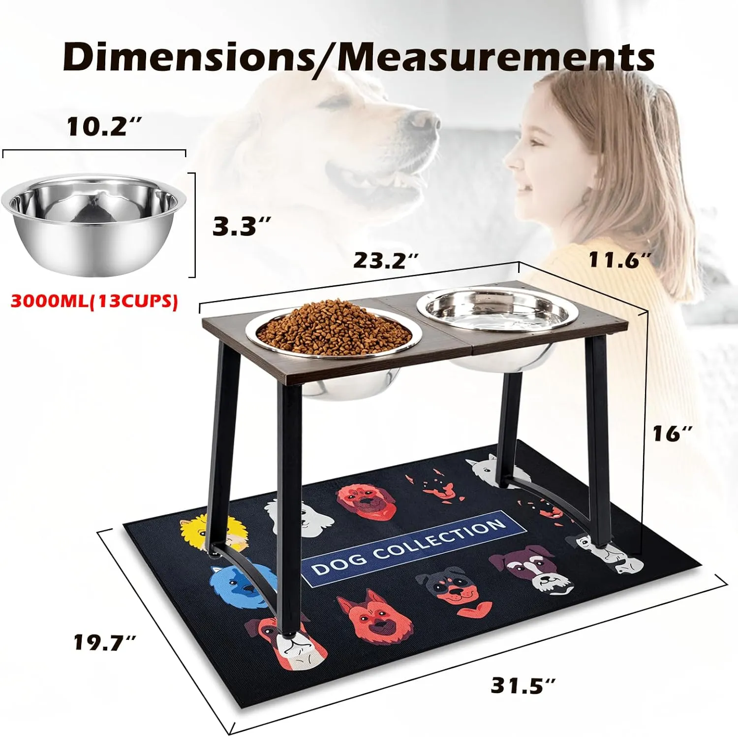 Elevated Dog Bowls for Large & X-Large Dogs, 16" Tall Raised Stand with 2 Stainless Steel 3000ML Bowls, Slow Feeder & Spill-Proof Mat  Extra Large Dog Food & Water Bowl Set