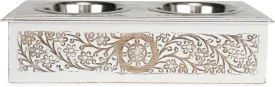 Elevated Dog Feeder, White Antique Wooden Stand with 2 Stainless Steel Bowls, 19x9x5 inches, Hand Carved Pet Food & Water Station