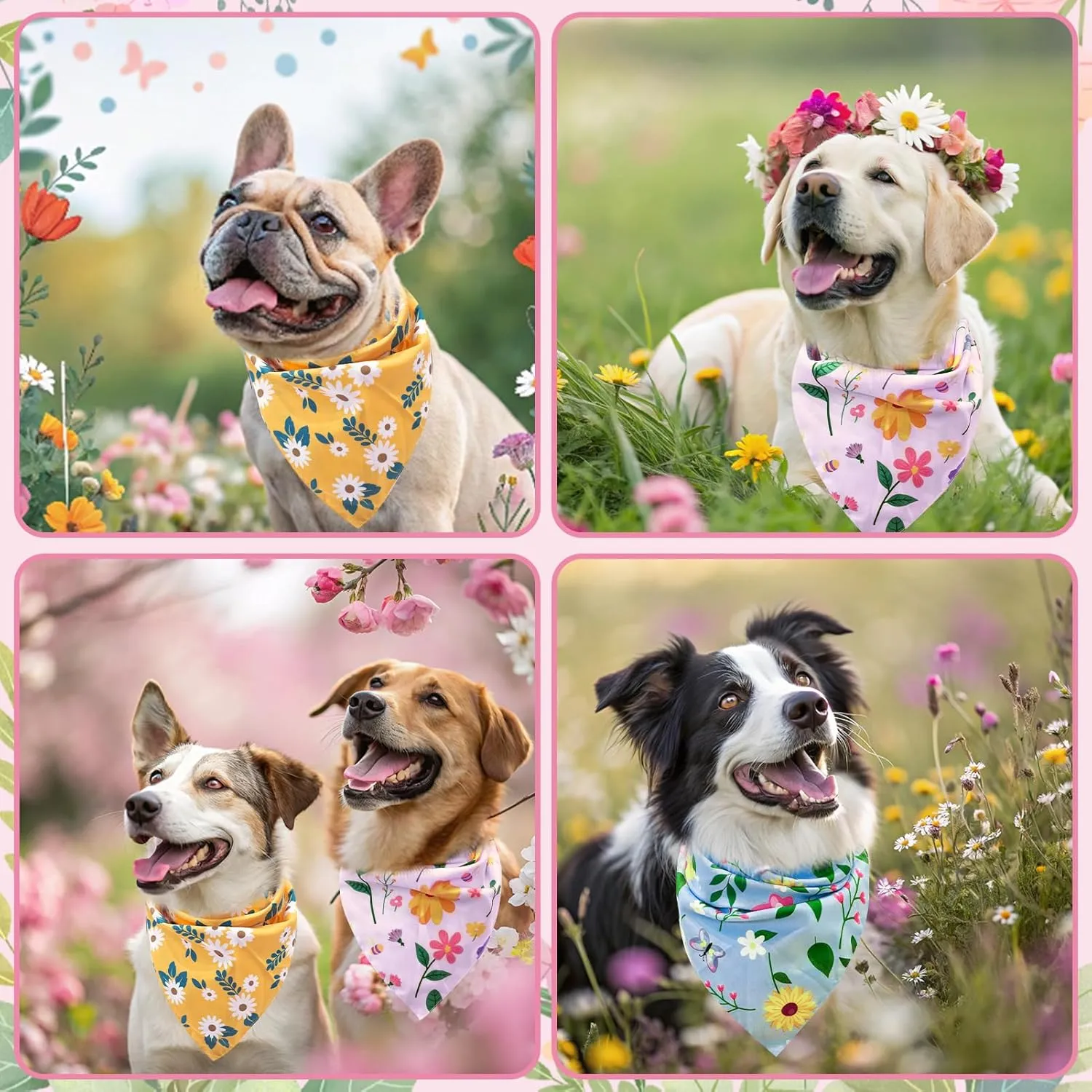 EXPAWLORER Spring Dog Bandanas 4 Pack - Reversible Floral Pet Bandana, Flower Triangle Scarf for Boys and Girls, Premium Durable Bib for Small Medium Large Dogs (Large)