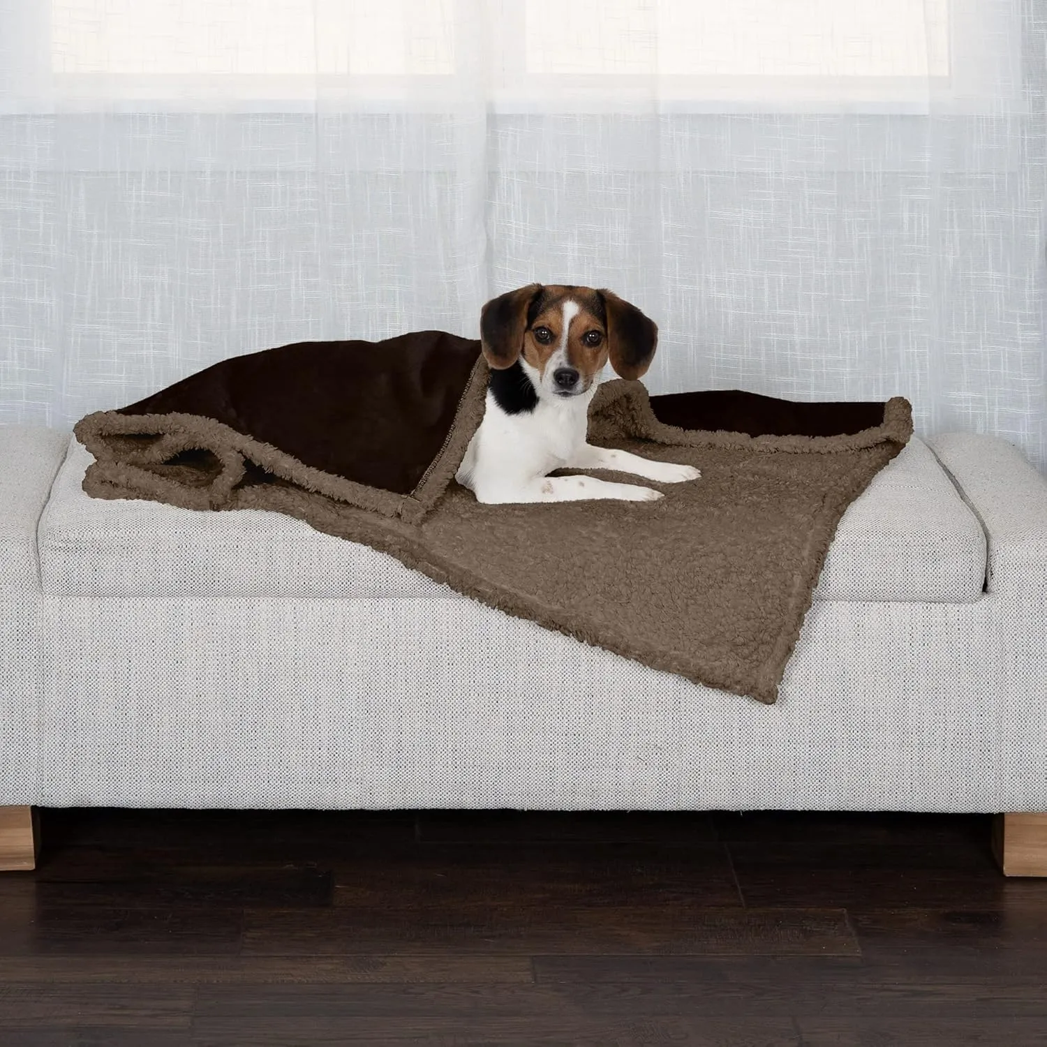 Furhaven Waterproof & Self-Warming Throw Blanket for Dogs & Indoor Cats, Washable & Reflects Body Heat - Soft-Edged Terry & Sherpa Dog Blanket - Espresso, Medium
