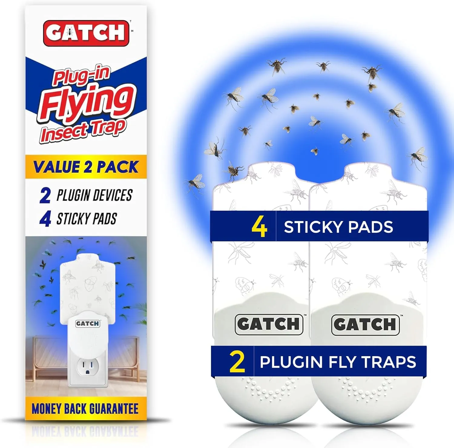 GATCH Flying Insect Trap Mosquito Killer Indoor, Fruit Fly Trap (2 Plug-in Bases   4 Sticky Pads) Gnat Moth Catcher Fly Tapper with Night Light UV Attractant Catcher for Home Office White