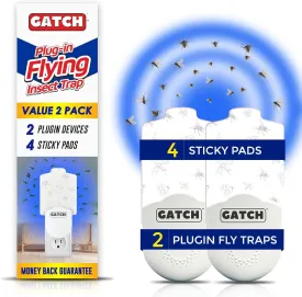 GATCH Flying Insect Trap Mosquito Killer Indoor, Fruit Fly Trap (2 Plug-in Bases   4 Sticky Pads) Gnat Moth Catcher Fly Tapper with Night Light UV Attractant Catcher for Home Office White
