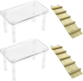 Hamster Platform 4Pcs Acrylic Small Animal Play Activity Stand Climbing Cage Toy with Wood Ladder for Dwarf Syrian Hamsters Gerbils Mice Sugar Glider