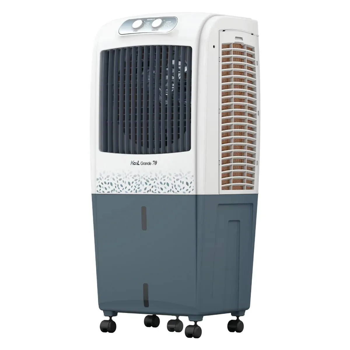 Havells KoolGrande 70L Desert Air Cooler – 3-Side Honeycomb Pads with Bacteria Shield, Ice Chamber, Bed-Height Fan, Inverter Compatible, White & Grey (GHRACBKE070)