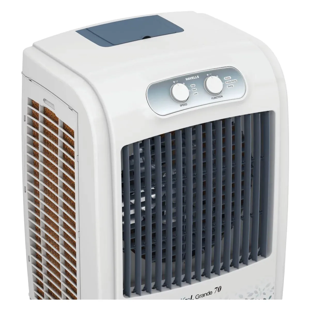 Havells KoolGrande 70L Desert Air Cooler – 3-Side Honeycomb Pads with Bacteria Shield, Ice Chamber, Bed-Height Fan, Inverter Compatible, White & Grey (GHRACBKE070)