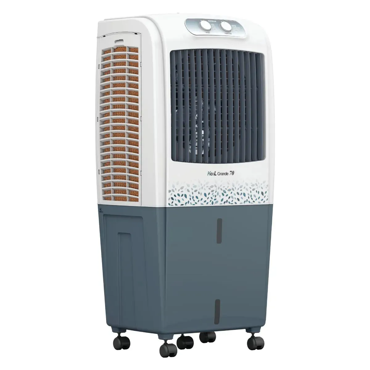 Havells KoolGrande 70L Desert Air Cooler – 3-Side Honeycomb Pads with Bacteria Shield, Ice Chamber, Bed-Height Fan, Inverter Compatible, White & Grey (GHRACBKE070)