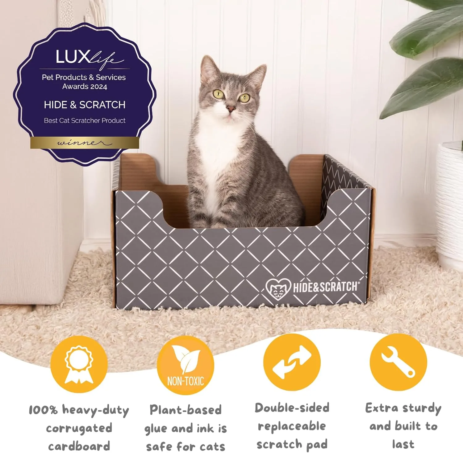 HIDE & SCRATCH Heavy Duty Cardboard Cat Scratcher Box and Cat Bed with Refillable Double-Sided Cardboard Scratch Pad for Indoor Cats