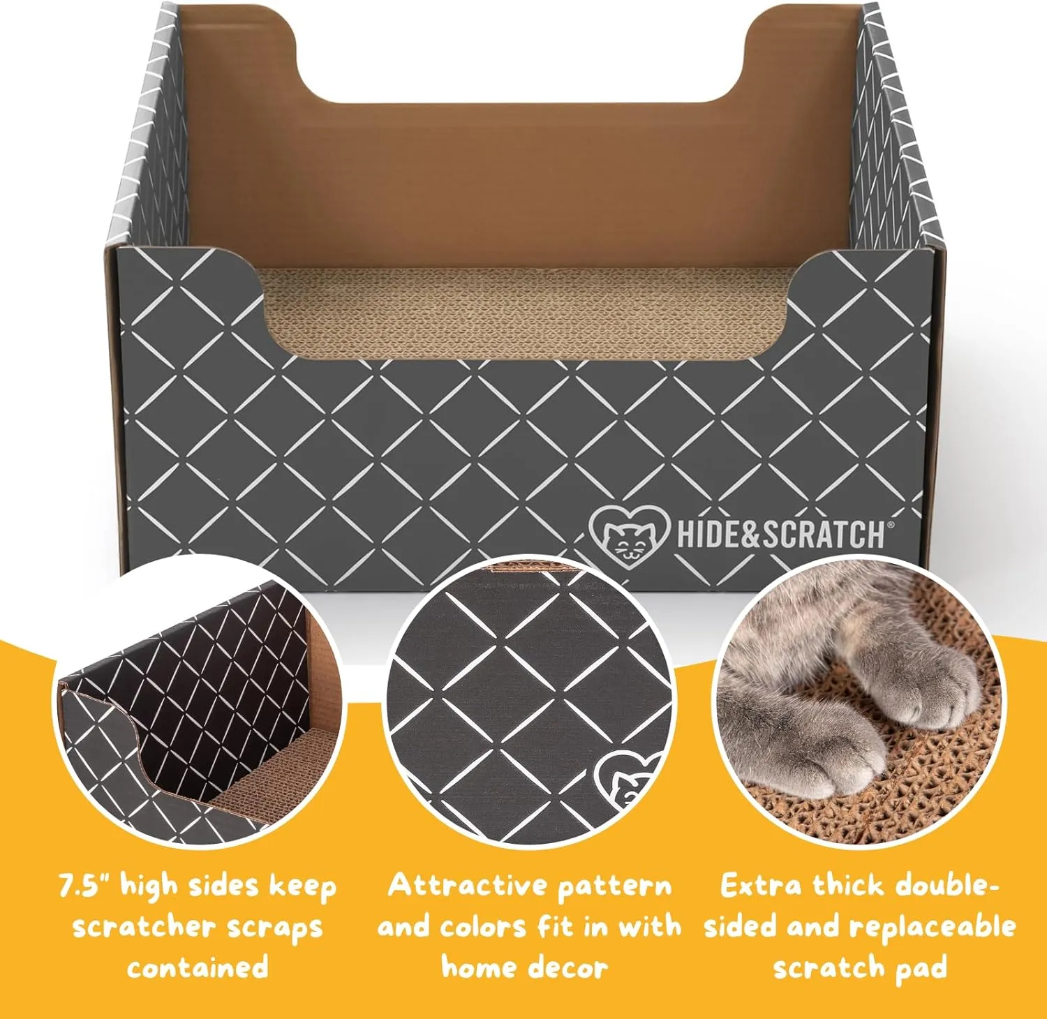 HIDE & SCRATCH Heavy Duty Cardboard Cat Scratcher Box and Cat Bed with Refillable Double-Sided Cardboard Scratch Pad for Indoor Cats