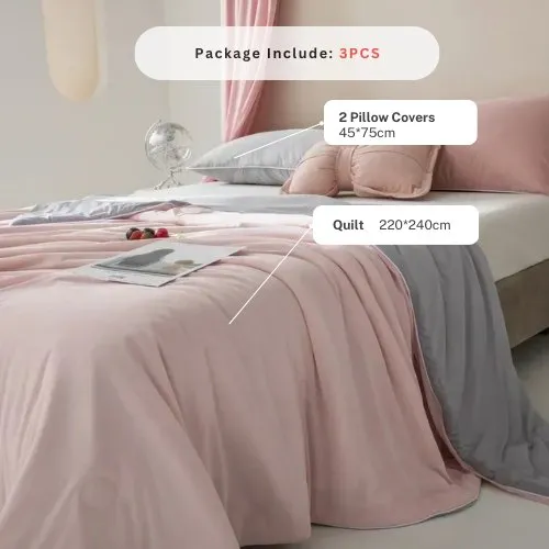 Icy Silky Summer Cool Quilt Set of 3 Pieces, Pink with Grey Color