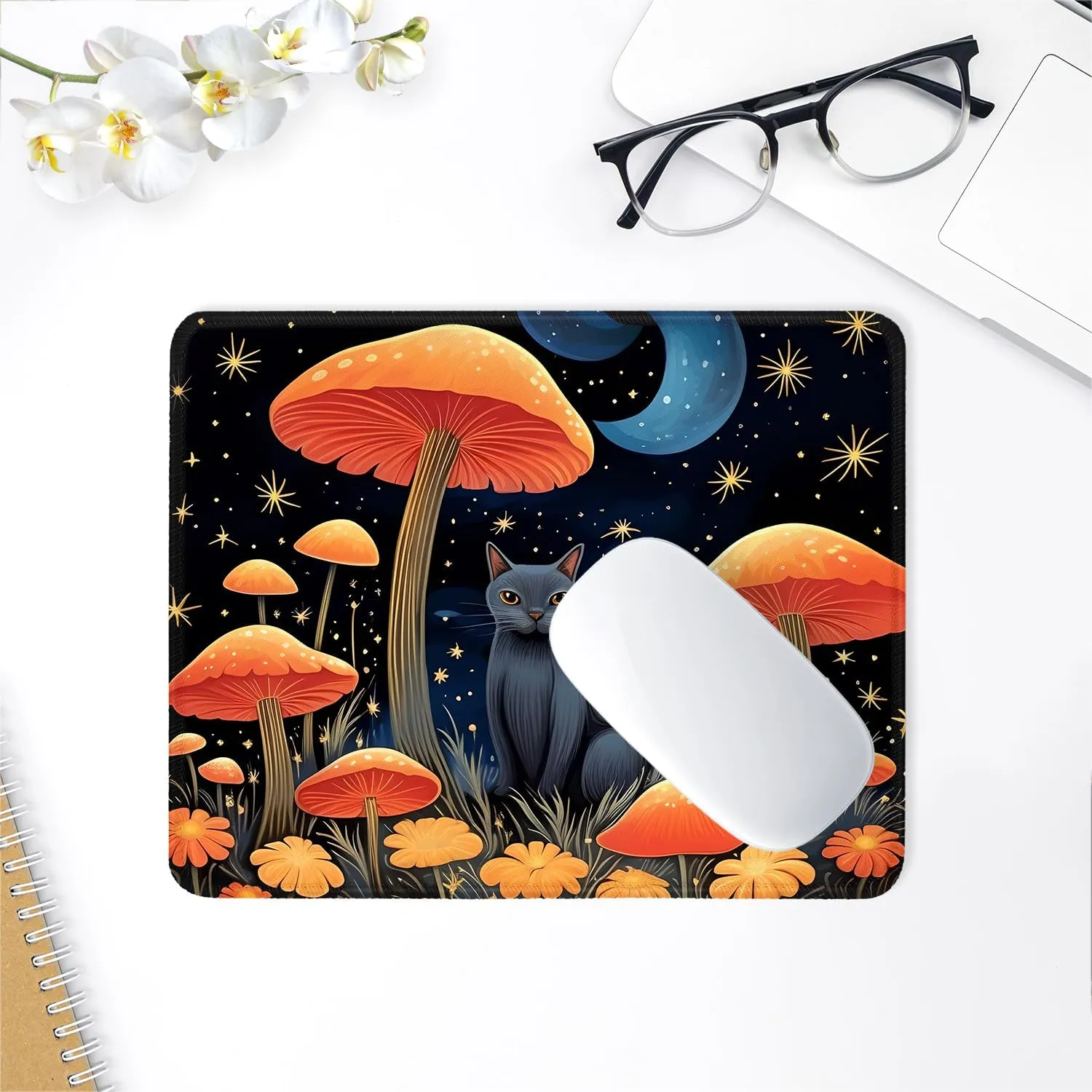 ITNRSIIET Mouse Pad with Stitched Edge Premium Textured Smooth Precise Operation Waterproof Washable Non-Slip Rubber Base Desktop Protection Mat, 10.28.30.12 inches, Cat and Mushroom