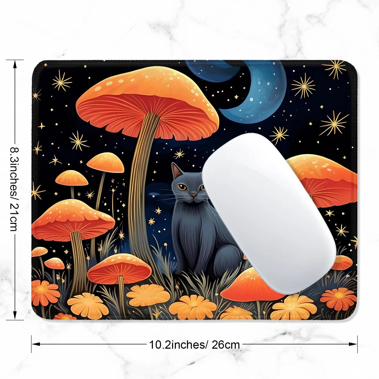 ITNRSIIET Mouse Pad with Stitched Edge Premium Textured Smooth Precise Operation Waterproof Washable Non-Slip Rubber Base Desktop Protection Mat, 10.28.30.12 inches, Cat and Mushroom
