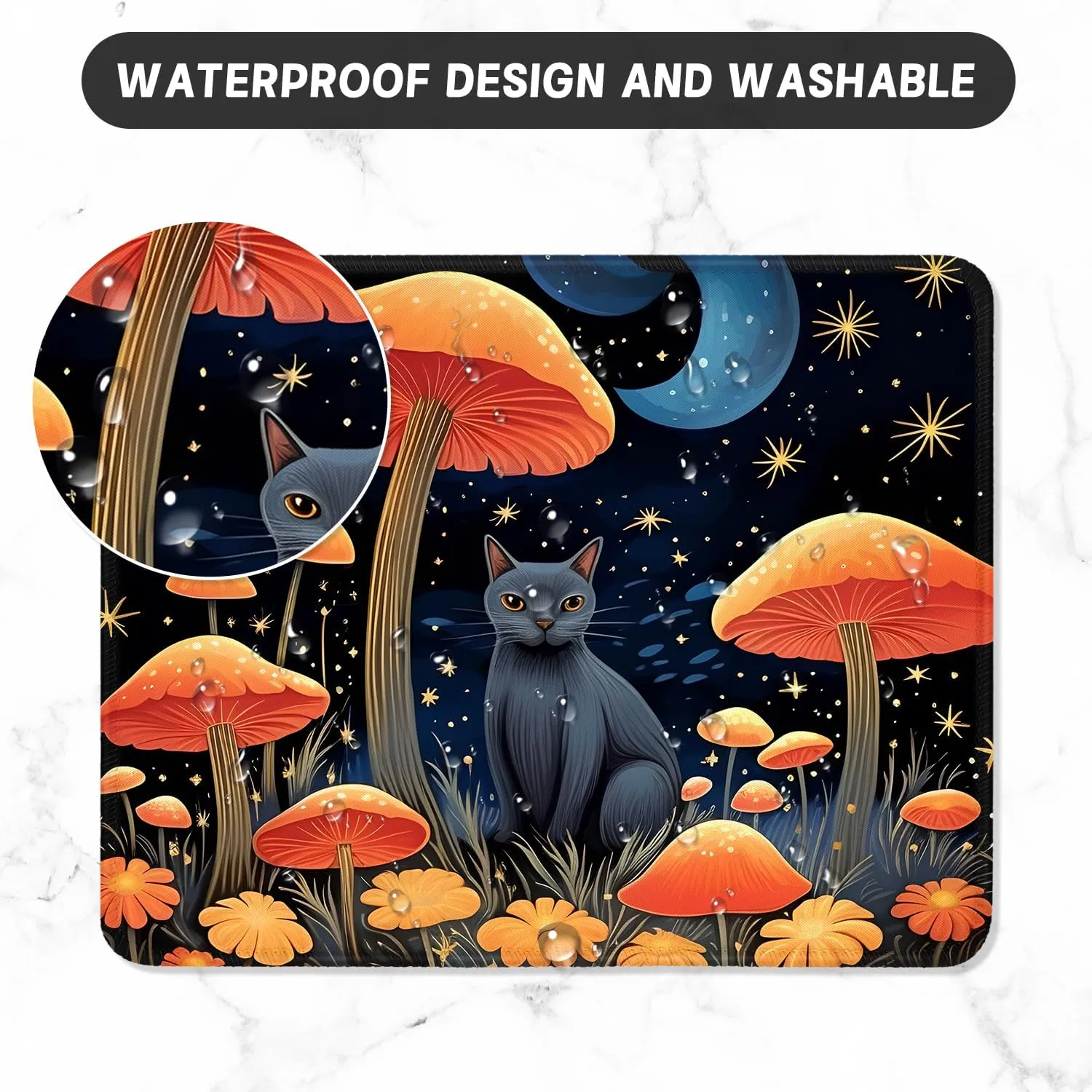 ITNRSIIET Mouse Pad with Stitched Edge Premium Textured Smooth Precise Operation Waterproof Washable Non-Slip Rubber Base Desktop Protection Mat, 10.28.30.12 inches, Cat and Mushroom
