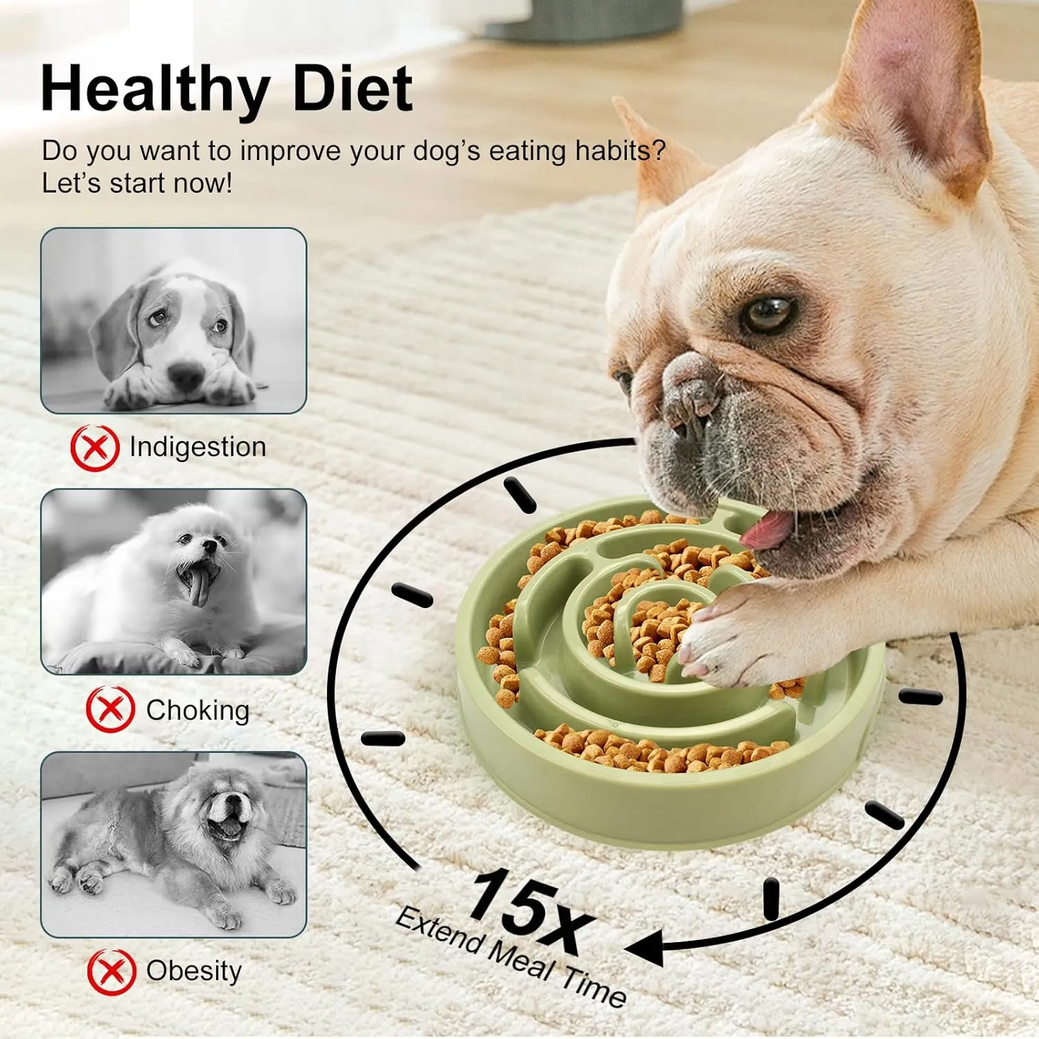 Joyfia Slow Feeder Dog Bowl, Anti-Choking Puzzle Feeding Bowl for Dry, Wet & Raw Food, Slow Down Eating, Prevents Overeating, Puppy Training, Maze Dog Dishes for Small Medium Breeds Cats Pets (Green)