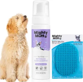 Mighty Mutt Waterless Dry Shampoo for Dogs (Spring Meadow)   Detangling Rubber Brush | Hypoallergenic, De-Shedding and De-Tangling Deodorizing Foam Shampoo and Brush | 2 Pack Bundle