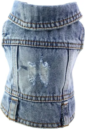 Pet Clothes Cool Dog Jeans Jacket for Small Medium Dogs & Cats, Vintage Washed Denim, Scratch-Resistant Lapel Vests