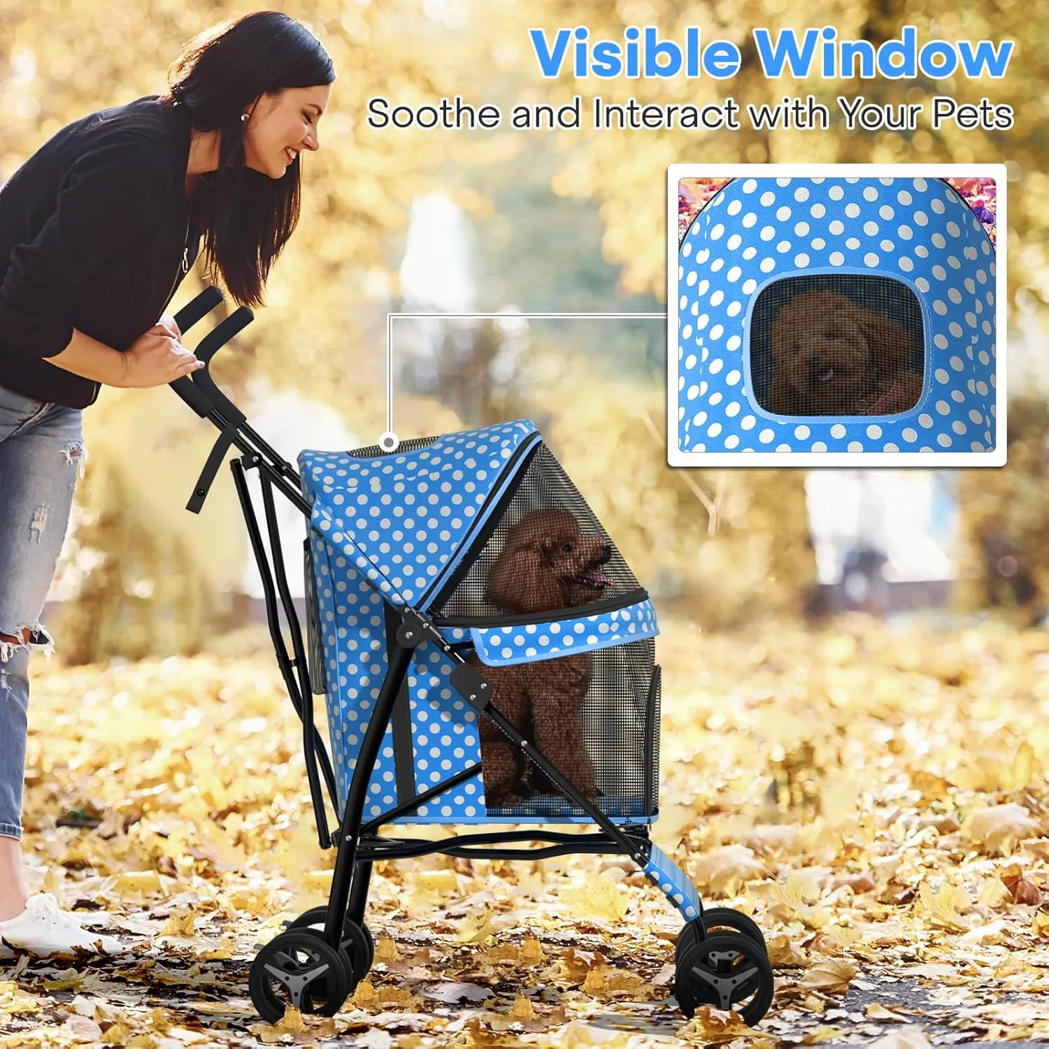 Pet Stroller for Small Dogs & Cats, 10-22lbs, Blue Polka Dots, Rear Storage