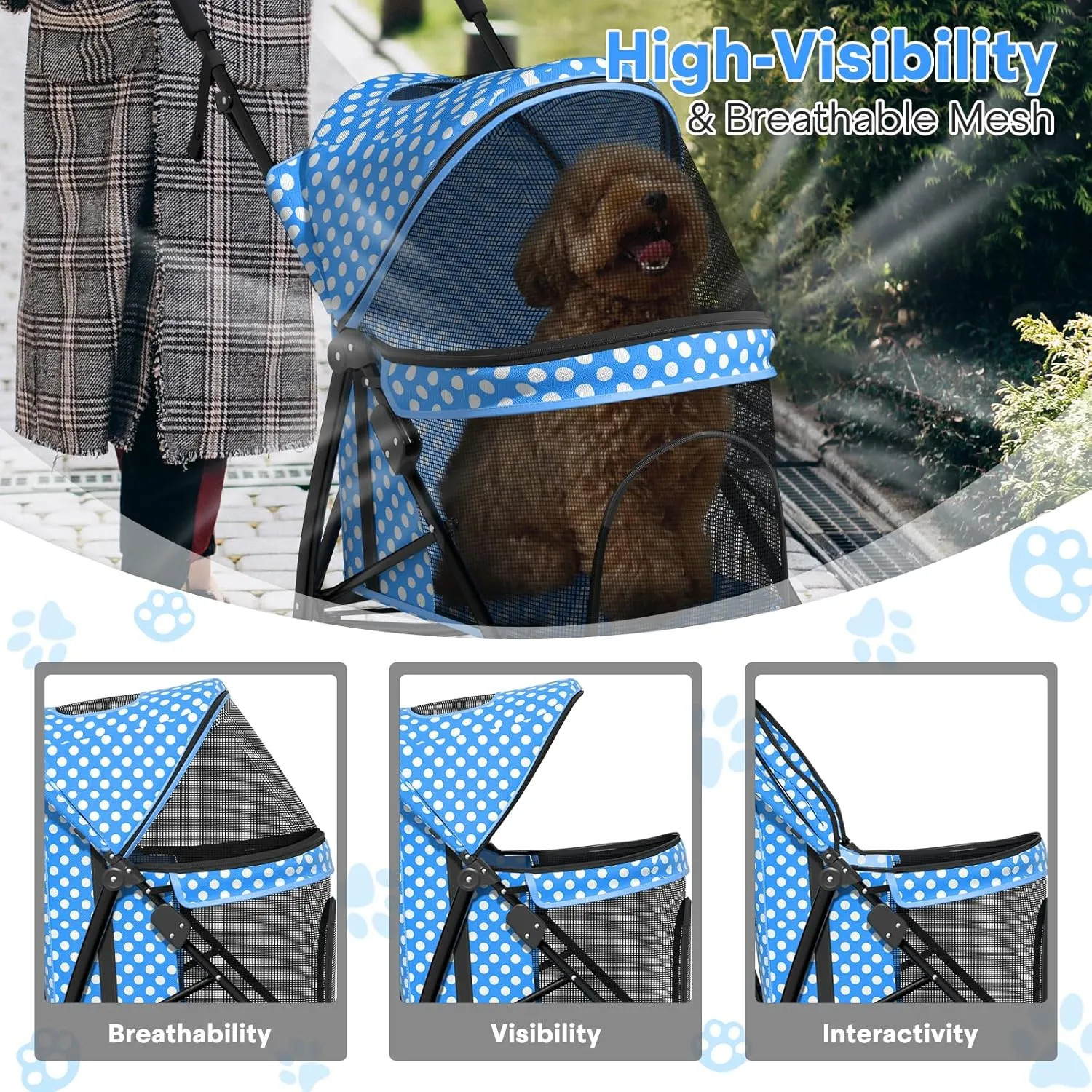 Pet Stroller for Small Dogs & Cats, 10-22lbs, Blue Polka Dots, Rear Storage