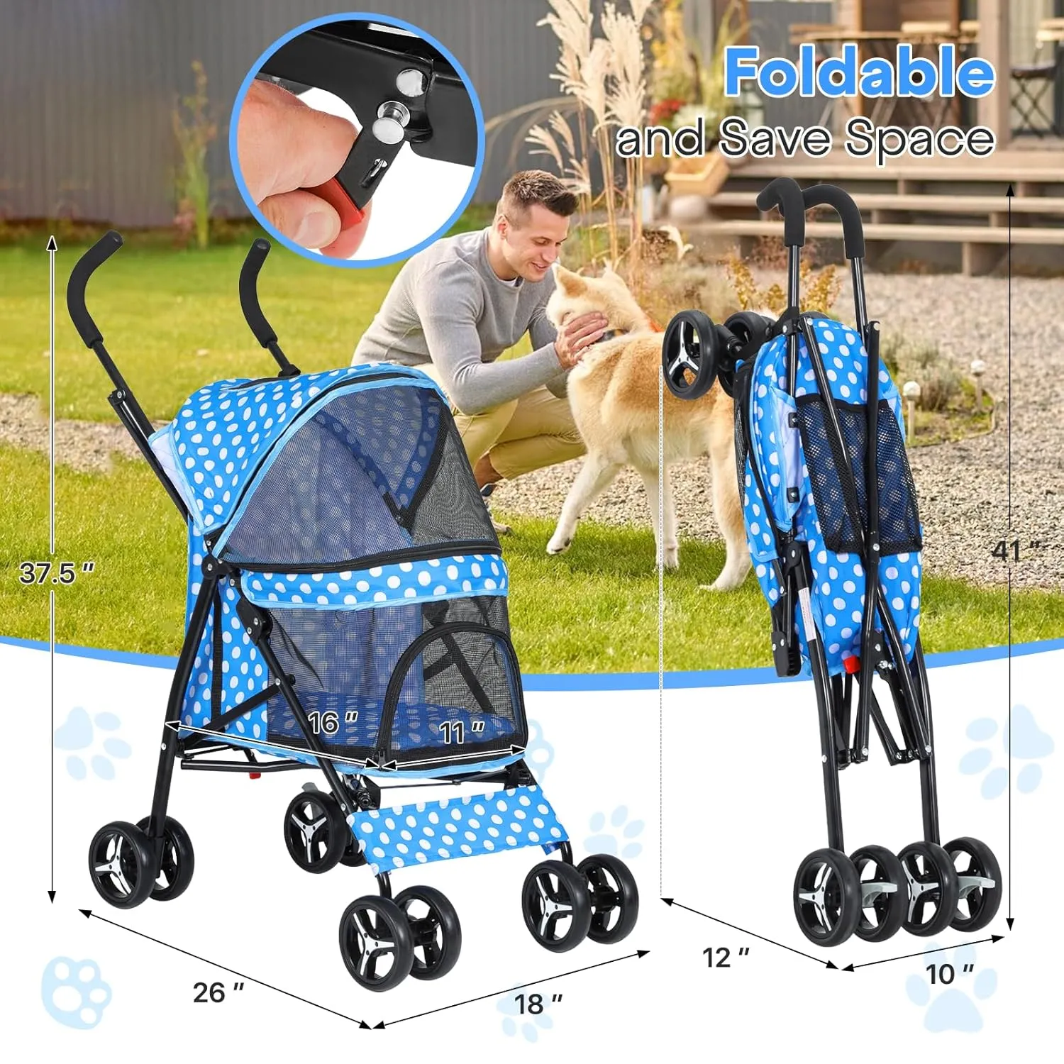 Pet Stroller for Small Dogs & Cats, 10-22lbs, Blue Polka Dots, Rear Storage