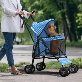 Pet Stroller for Small Dogs & Cats, 10-22lbs, Blue Polka Dots, Rear Storage