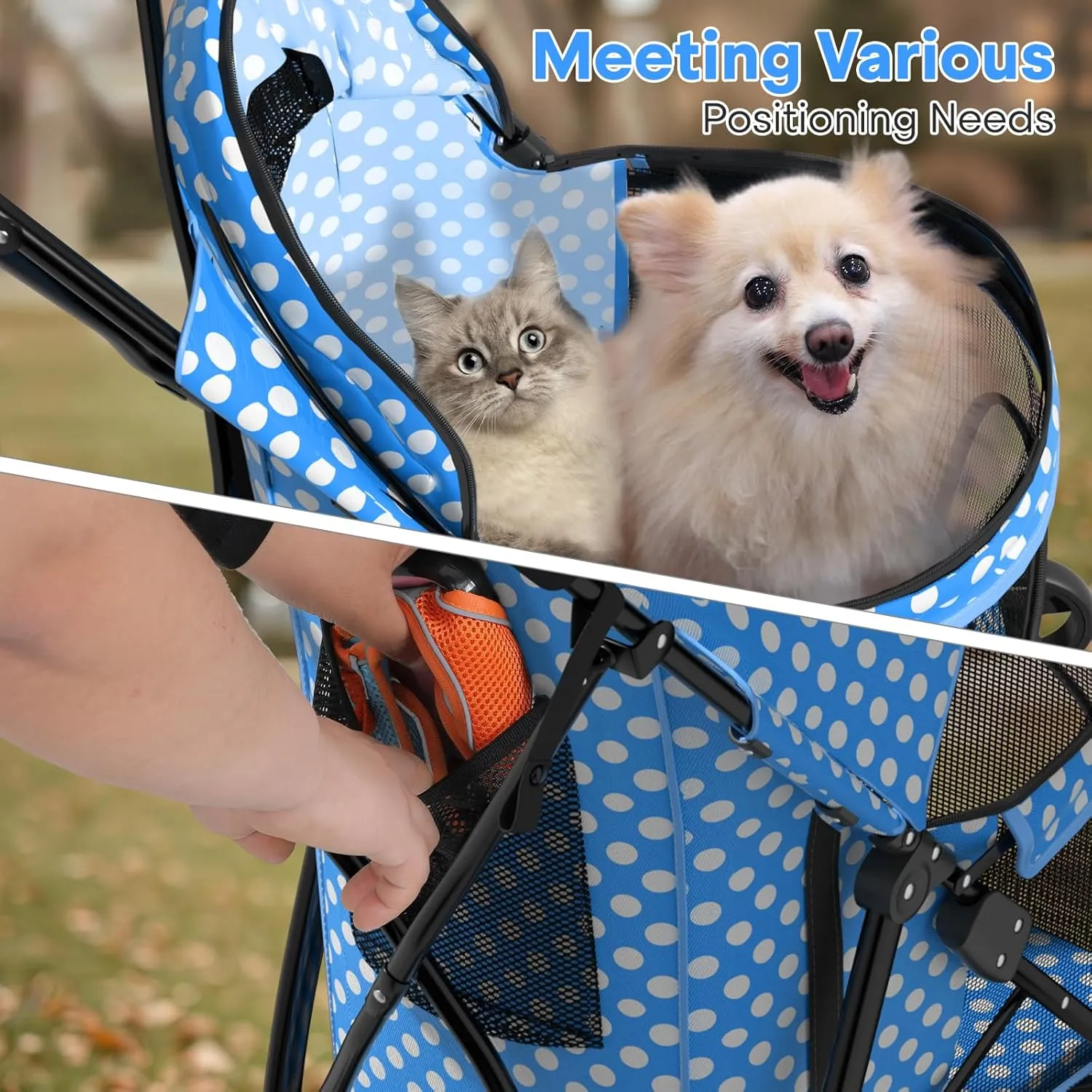 Pet Stroller for Small Dogs & Cats, 10-22lbs, Blue Polka Dots, Rear Storage