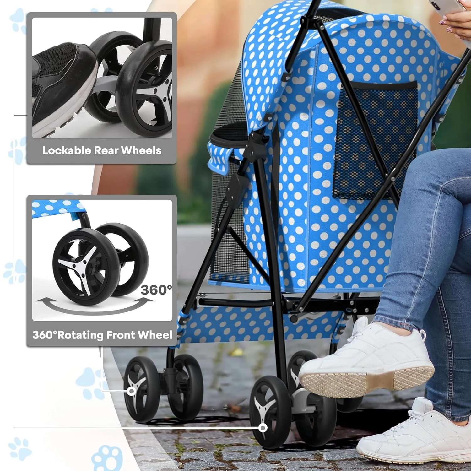 Pet Stroller for Small Dogs & Cats, 10-22lbs, Blue Polka Dots, Rear Storage