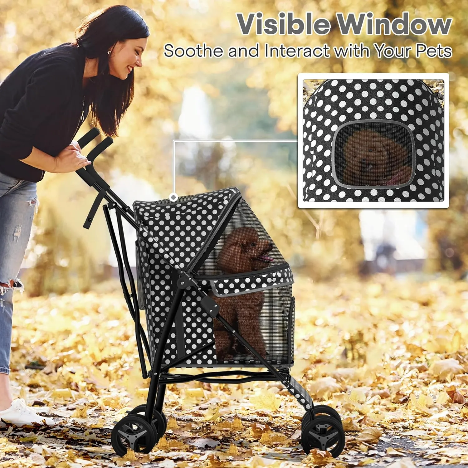 Pet Stroller for Small Dogs & Cats - 10-22lbs, Rear Storage, Black Polka Dots