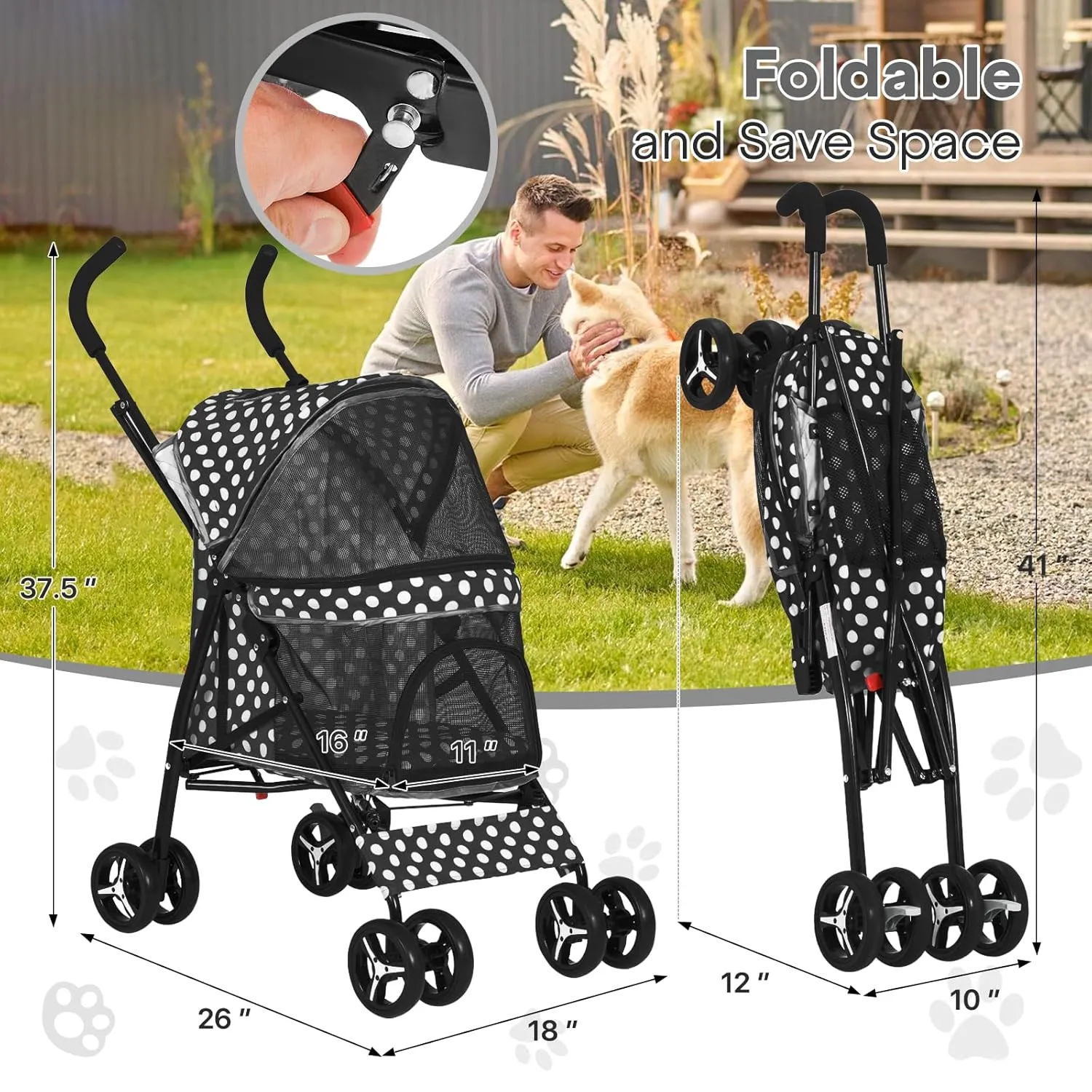 Pet Stroller for Small Dogs & Cats - 10-22lbs, Rear Storage, Black Polka Dots