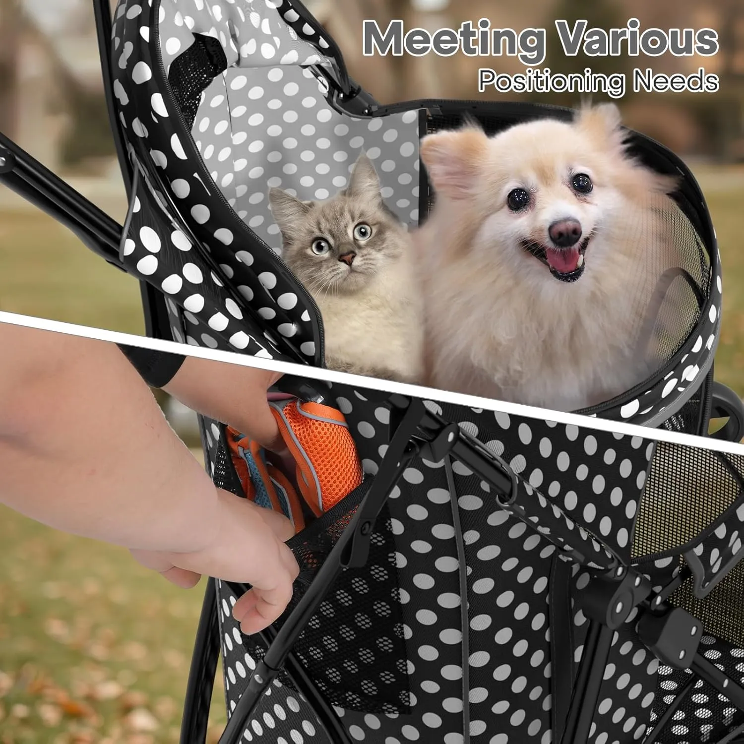 Pet Stroller for Small Dogs & Cats - 10-22lbs, Rear Storage, Black Polka Dots