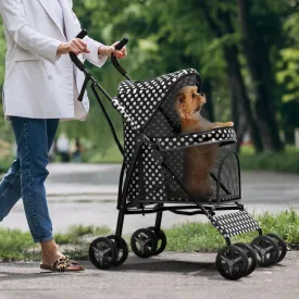 Pet Stroller for Small Dogs & Cats - 10-22lbs, Rear Storage, Black Polka Dots