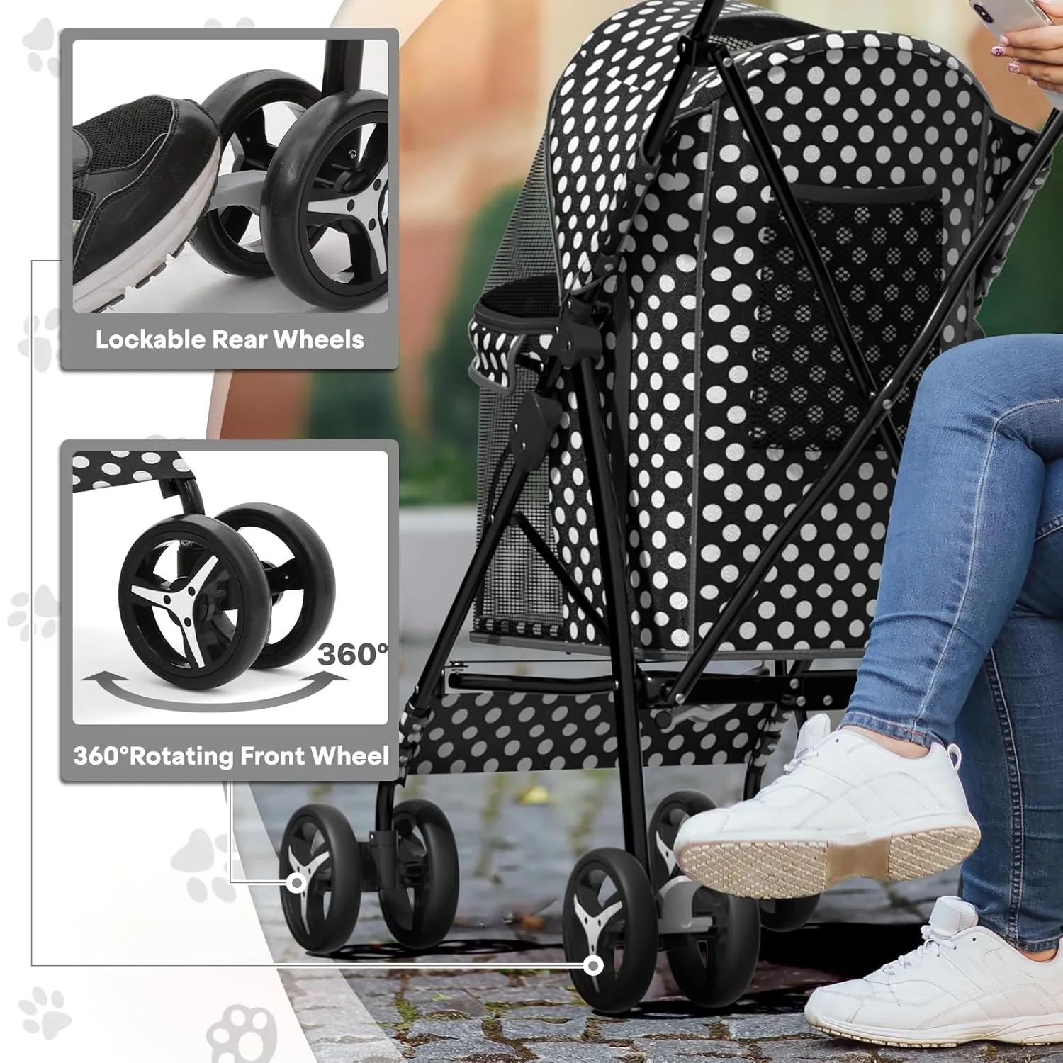 Pet Stroller for Small Dogs & Cats - 10-22lbs, Rear Storage, Black Polka Dots