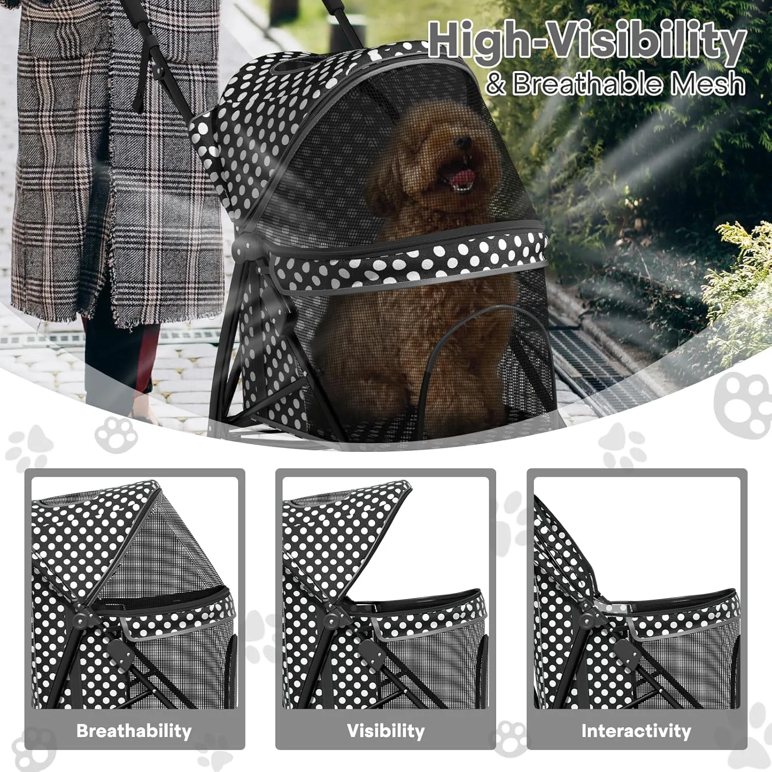 Pet Stroller for Small Dogs & Cats - 10-22lbs, Rear Storage, Black Polka Dots