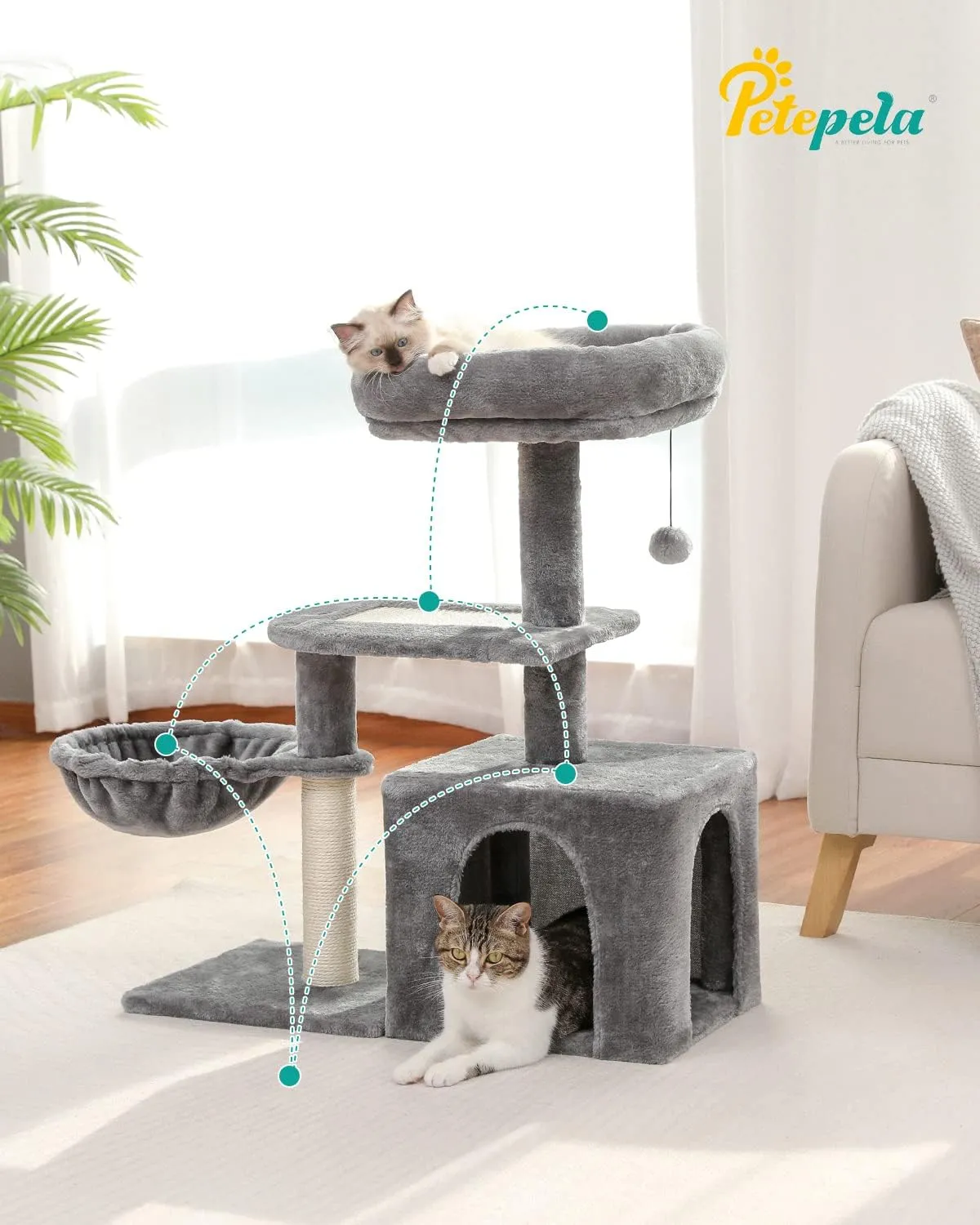 PETEPELA Cat Tree for Small Cats, Plush Tower with Large Cat Condo, Deep Hammock and Sisal Scratching Post for Kittens