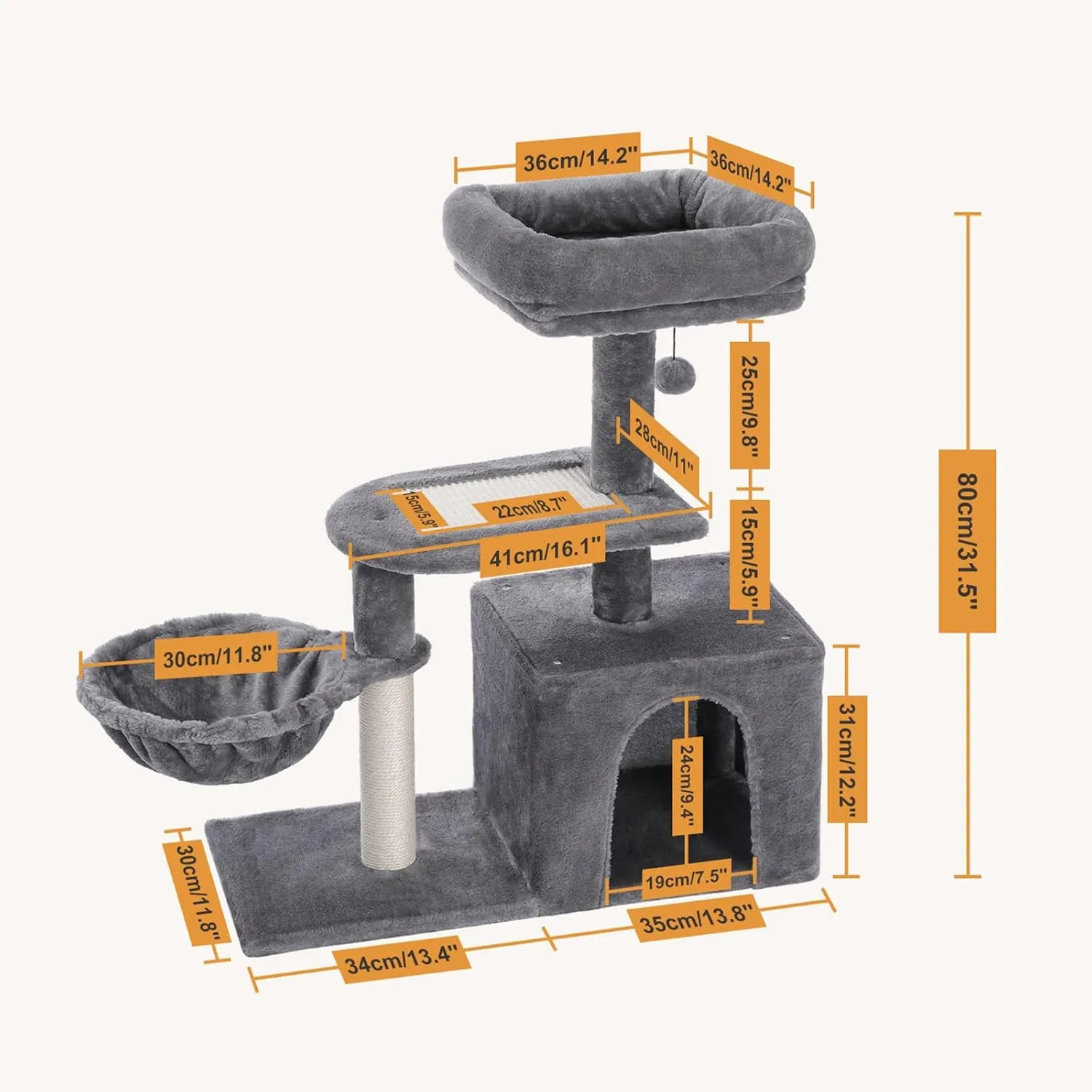 PETEPELA Cat Tree for Small Cats, Plush Tower with Large Cat Condo, Deep Hammock and Sisal Scratching Post for Kittens