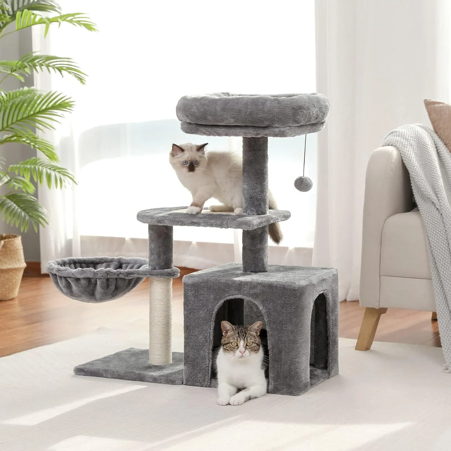 PETEPELA Cat Tree for Small Cats, Plush Tower with Large Cat Condo, Deep Hammock and Sisal Scratching Post for Kittens