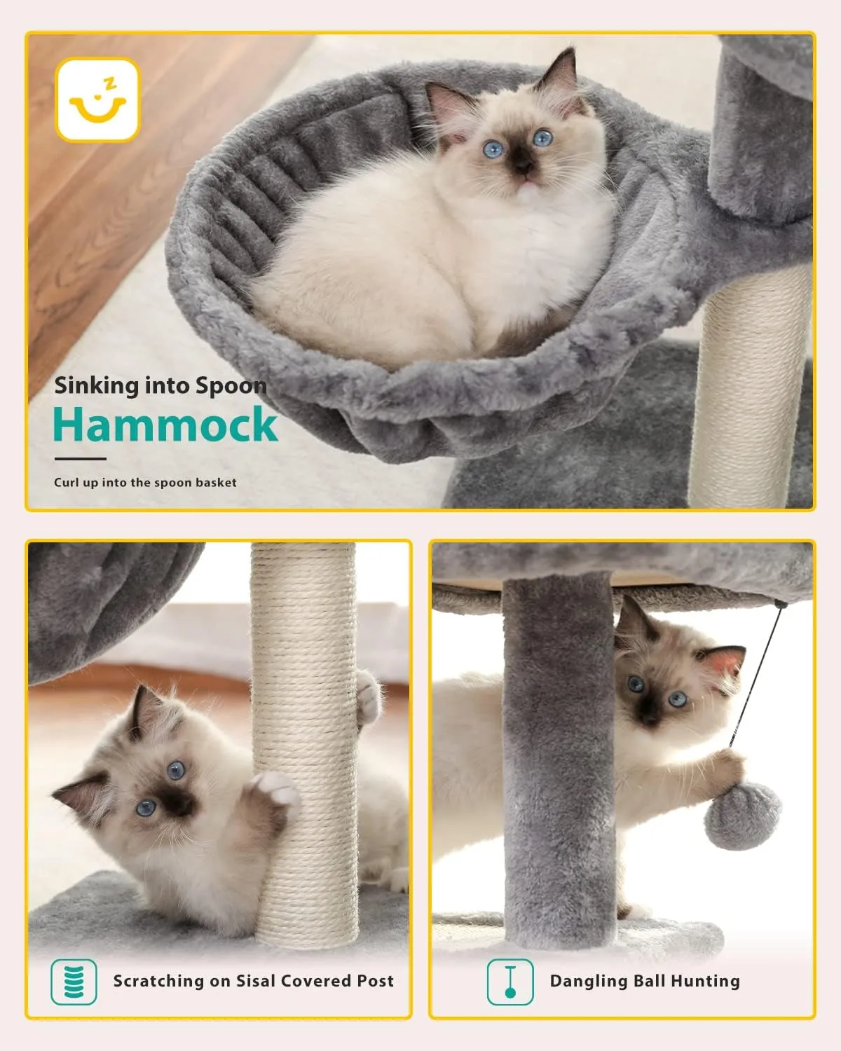 PETEPELA Cat Tree for Small Cats, Plush Tower with Large Cat Condo, Deep Hammock and Sisal Scratching Post for Kittens