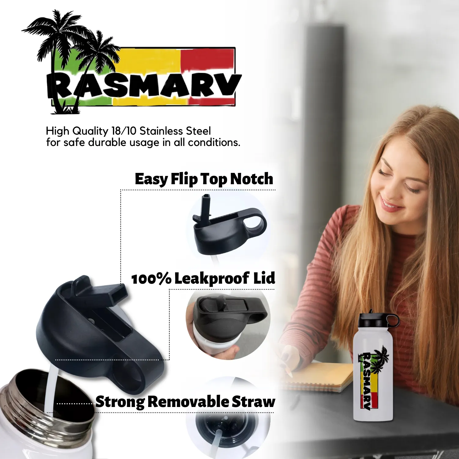 RASMARV  Vacuum-Insulated Flask,  Stainless Steel 32oz White Graphic