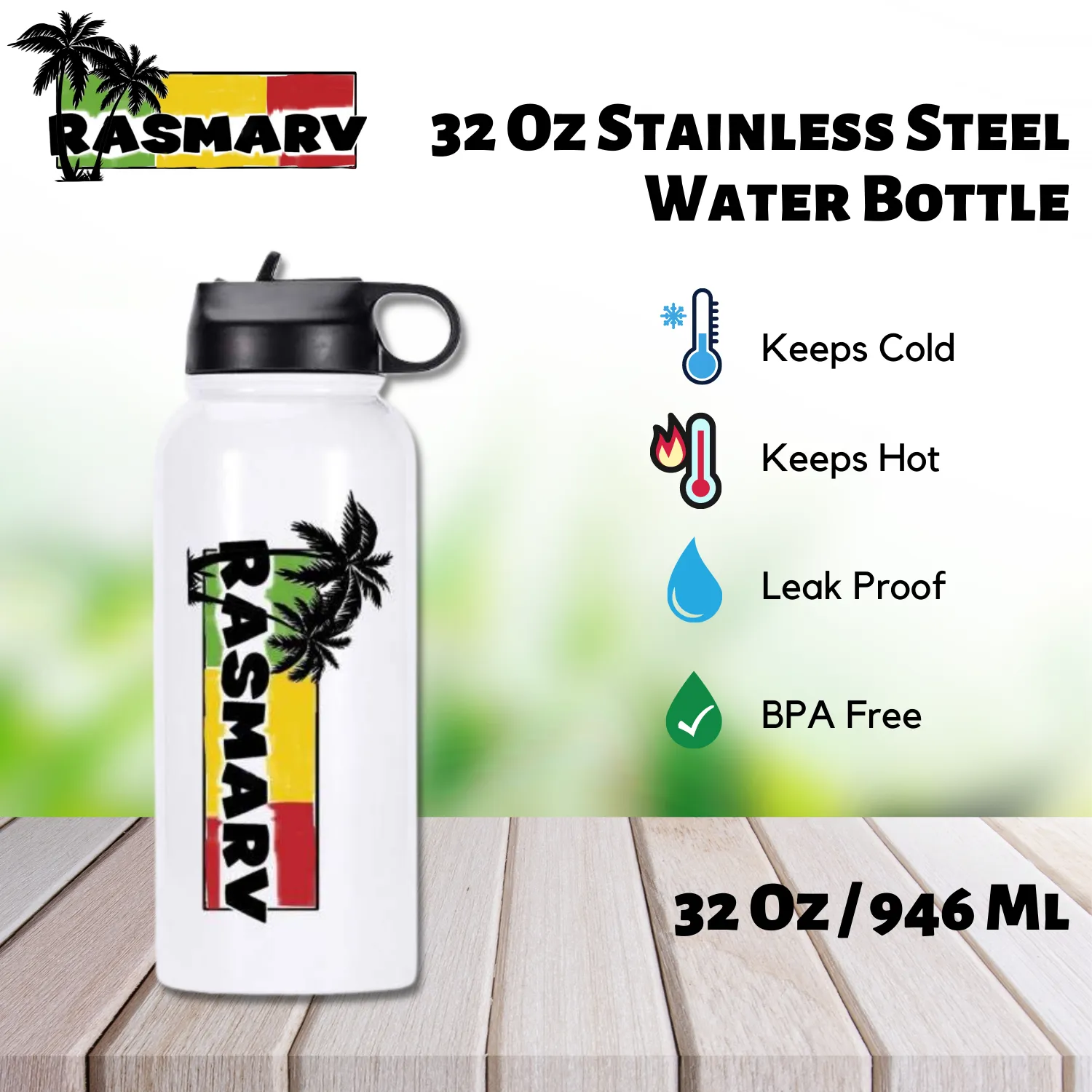 RASMARV  Vacuum-Insulated Flask,  Stainless Steel 32oz White Graphic