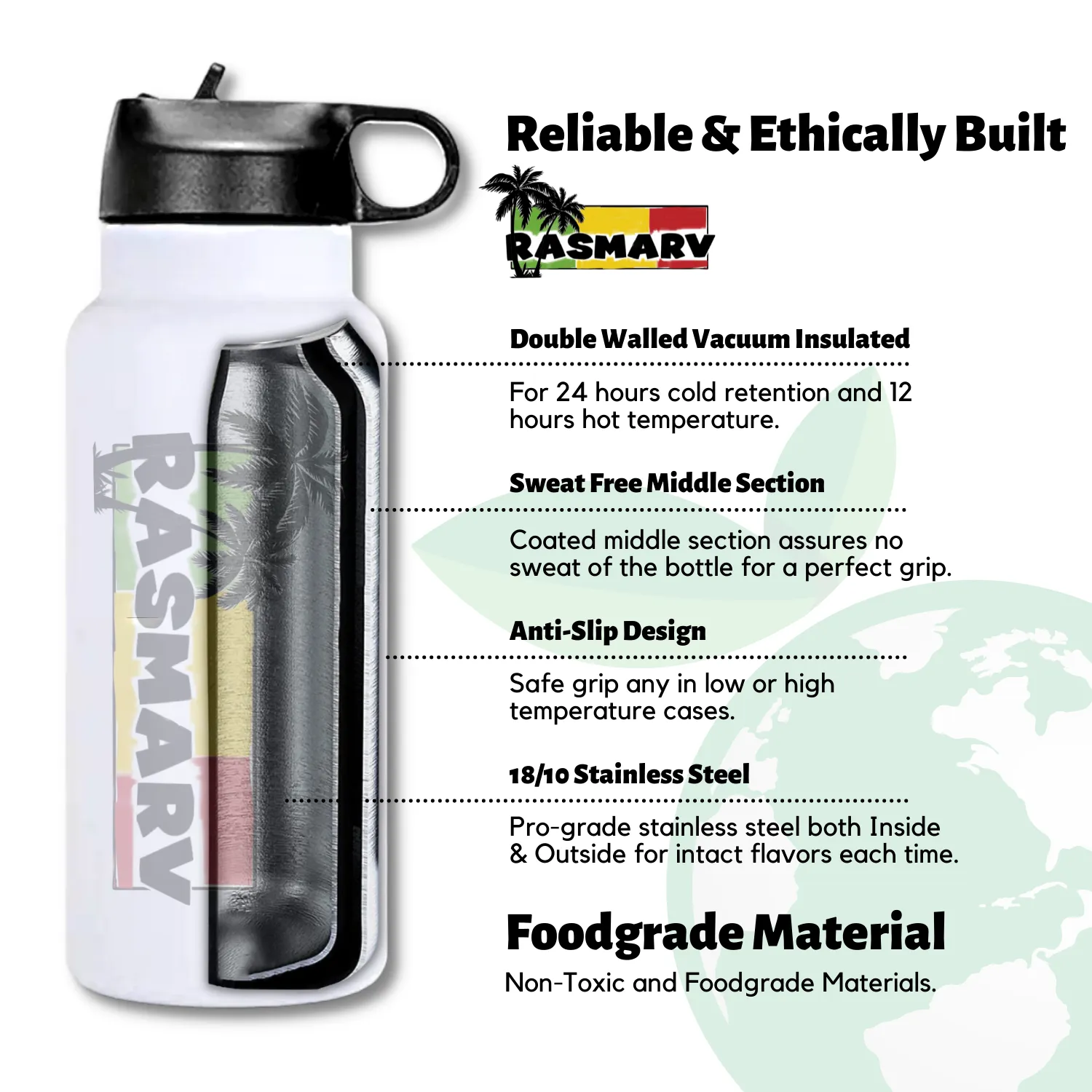 RASMARV  Vacuum-Insulated Flask,  Stainless Steel 32oz White Graphic